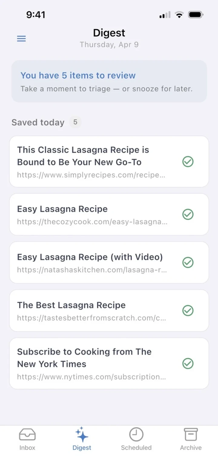 Refloat Digest listing saved links to review for the day