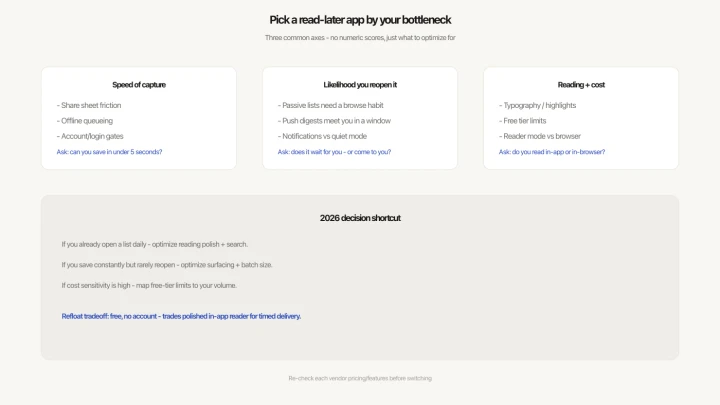 Diagram: choose a read-later app by capture speed, reopen likelihood, and reading cost