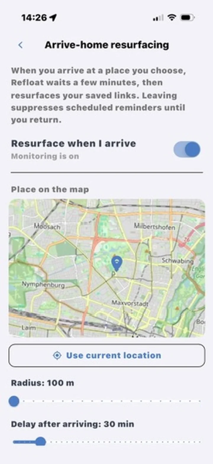 Refloat Arrive-home resurfacing settings: map place, radius, and settle-in delay