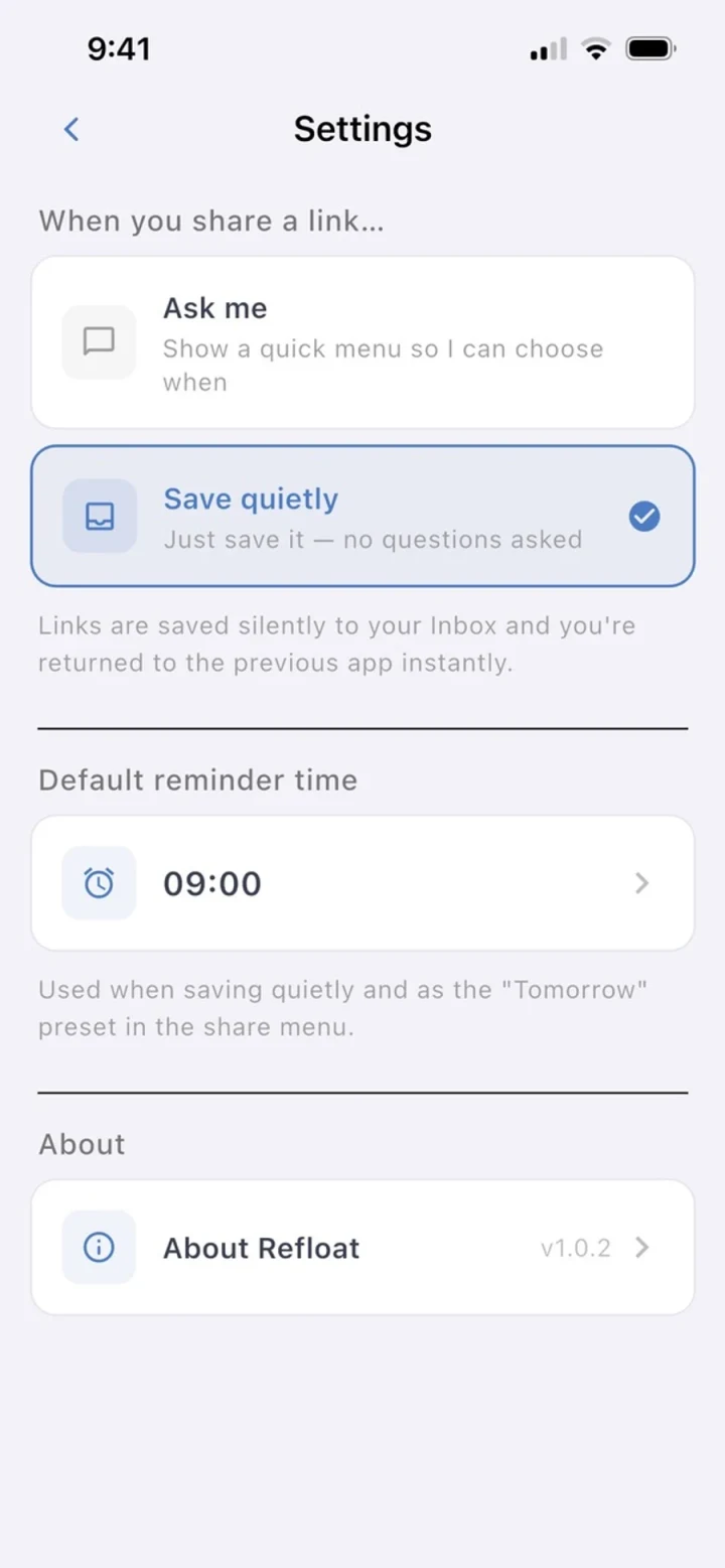 Refloat Settings for quiet save and default reminder time