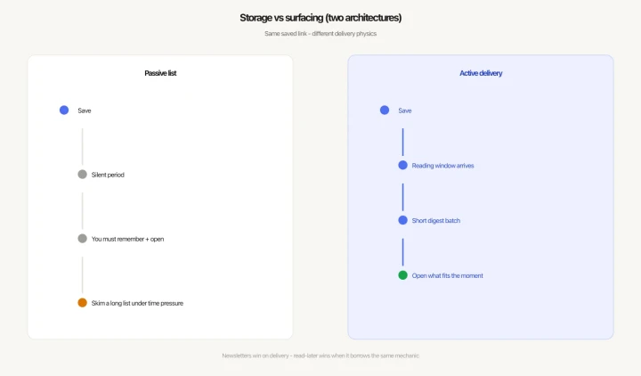 Diagram comparing passive list delivery with active digest delivery over time