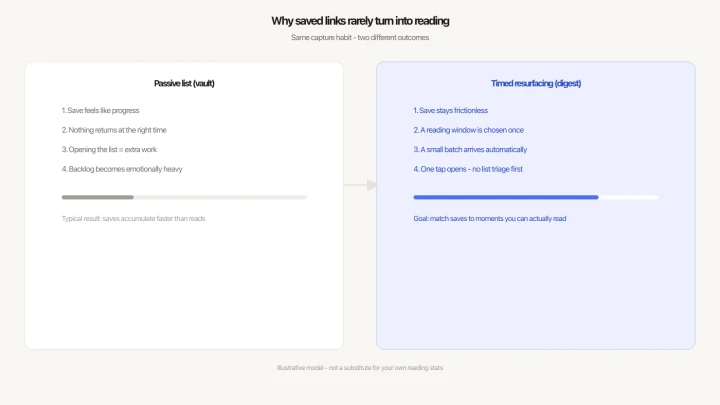 Diagram comparing passive read-later lists with timed digest resurfacing
