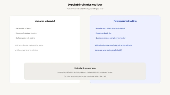 Diagram contrasting unbounded saving with timed resurfacing for minimal cognitive load